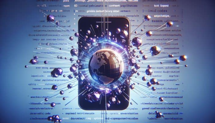 Smartphone showing fast-loading webpage with optimized images, minimal code, and global CDN map.