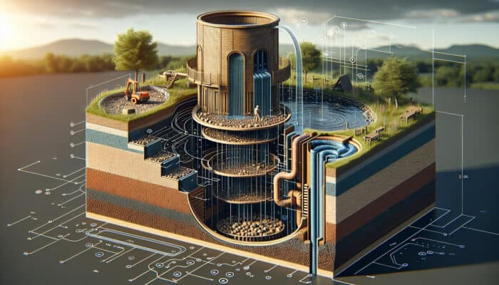 Cutaway view of dry well system dispersing water into soil, integrated with French and surface drains in compact yard.