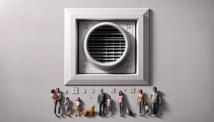 A pristine air vent in a modern Abbotsford home, with a calendar indicating annual cleaning and a family with pets.