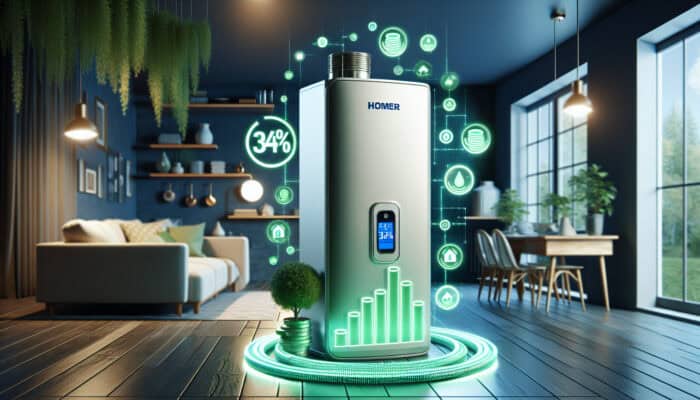 Modern tankless water heater in North Vancouver home, showing 34% energy efficiency improvement.