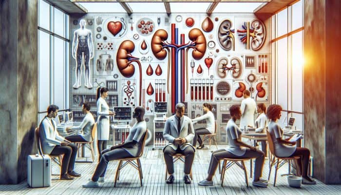 Diverse group receiving kidney blood tests in a clinic, emphasising health awareness and preventive care.