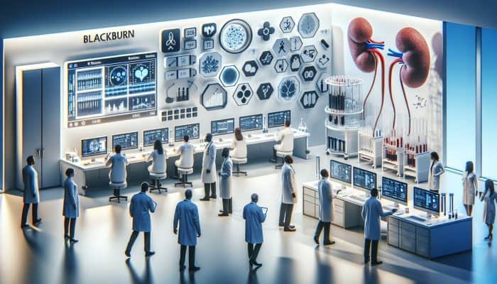 Modern Blackburn laboratory equipped with advanced technology for precise, less invasive kidney blood tests, focusing on biomarker research.