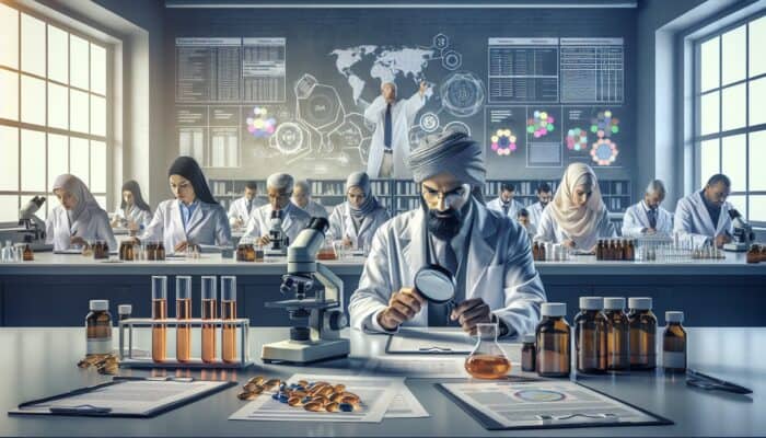Scientists analyzing fish oil supplements in a lab, ensuring purity, potency, and freshness.