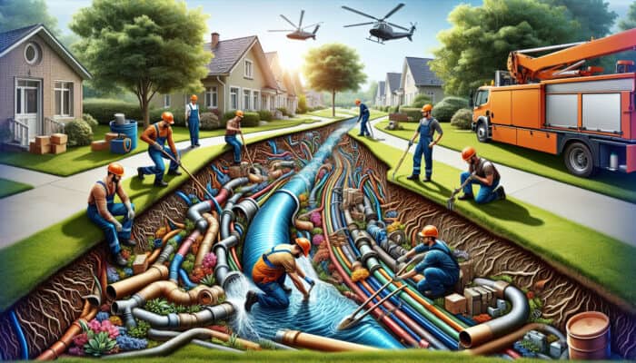 Skilled technicians using trenchless technology to repair pipe damage from tree roots, minimizing yard disruption in Langley.