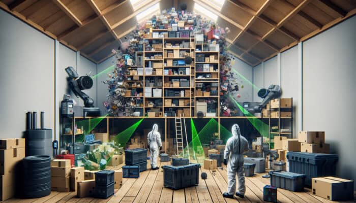 UK loft cluttered with items, experts in hazmat suits using advanced tools for clearance.