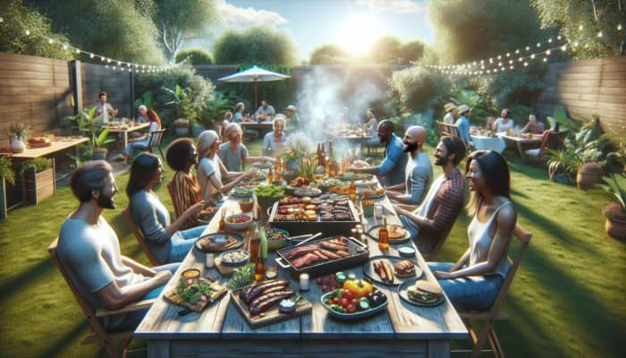 A vibrant BBQ setup displaying grilled meats, colourful sides, and friends enjoying a feast in a sunlit backyard.