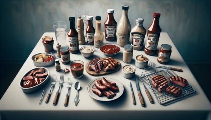 A table showcasing Kansas City BBQ sauce in a jar, Alabama white sauce in a bowl, and a custom BBQ sauce in a bottle, surrounded by grilling tools and meats.