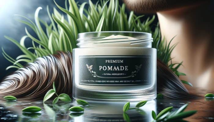 Jar of premium pomade with natural ingredients like beeswax and coconut oil, against lush, healthy hair.