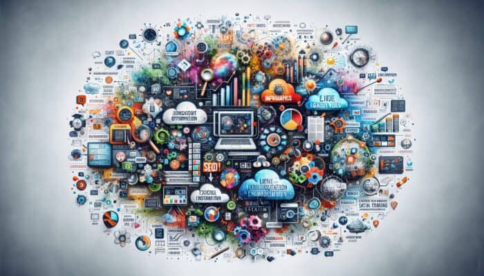 A vibrant digital collage showcasing various social media content types designed to enhance SEO.