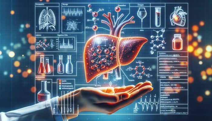 Liver Blood Test in Huntingdon: A medical diagram of liver blood tests with labeled enzymes, proteins, and biomarkers.