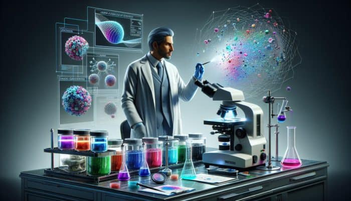 A scientist examines vibrant vegan dyes under a microscope, enhancing purity and stability with nano-emulsification equipment.