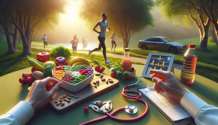 Person engaging in heart-healthy activities, eating fruits, vegetables, nuts, exercising outdoors, with medical consultation setting.