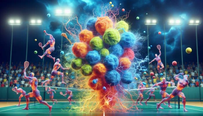 Electrolytes for Pickleball Players: Illustration of glowing electrolytes dissolving in water, with nerve signals and muscle contractions, athletes playing pickleball in background.