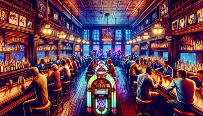 A historic Nashville bar with a jazz band, vintage jukeboxes, and patrons enjoying drinks and music.