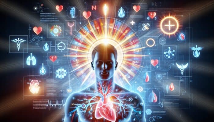 A vibrant person with symbols of vitality and medical charts showing optimal testosterone levels.