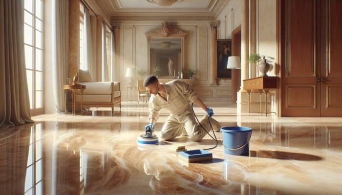 Person polishing travertine floor, restoring brilliance, with tools and bucket in sunlit room.