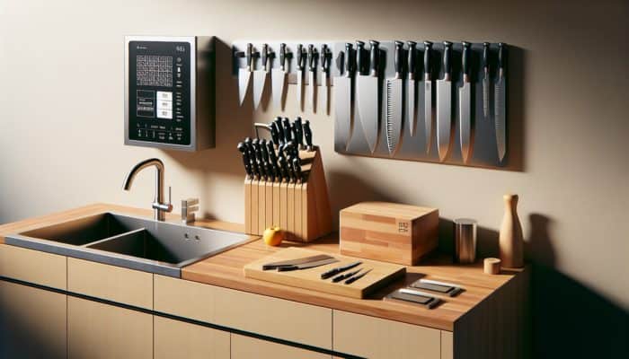 A well-organised kitchen featuring a wooden knife block, magnetic strip, and sheathed knives in a clean, dry, and well-lit environment.