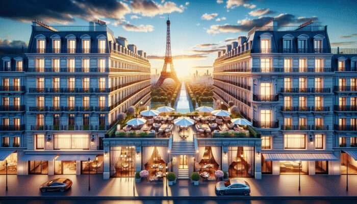 A luxury hotel with panoramic Eiffel Tower views at dusk, surrounded by gourmet dining and high-end boutiques in a prestigious Parisian neighbourhood.