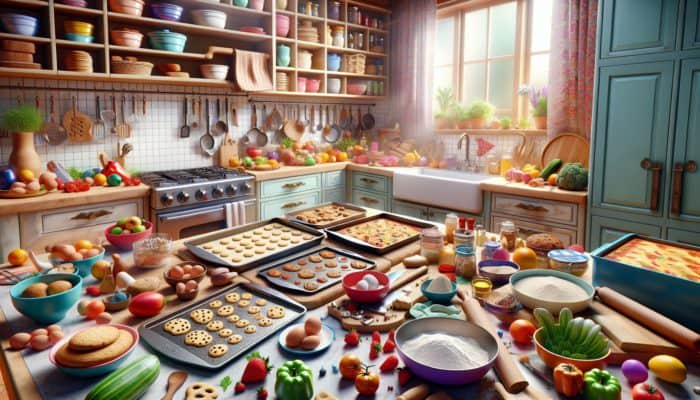 A kitchen scene with labelled baking sheets, ingredients, and utensils under warm lighting.