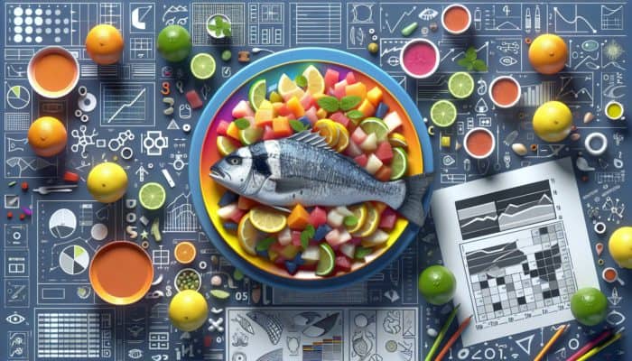 A vibrant ceviche dish with sea bass and tilapia, marinated to a delicate yet firm texture, on a colourful plate with citrus and herbs.