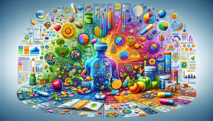 A colourful infographic illustrating the benefits and uses of dietary supplements, catering to various learning preferences.