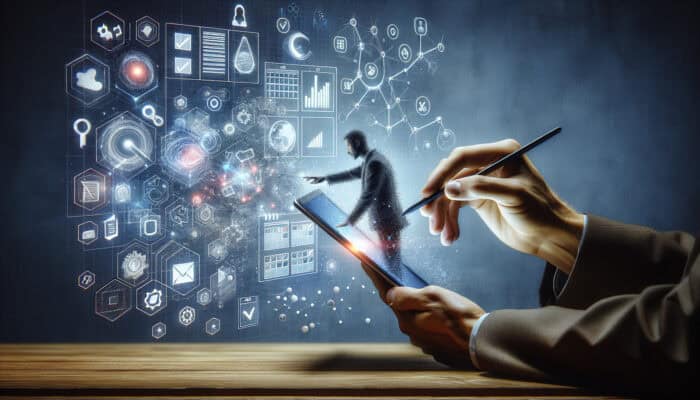 A person using a digital note-taking app on a tablet with productivity icons.