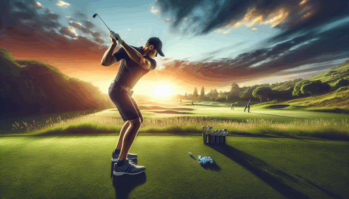 Golf Fitness Tips for Juniors: A junior golfer in South Africa practicing on a lush green course at sunset, enhancing golf fitness.