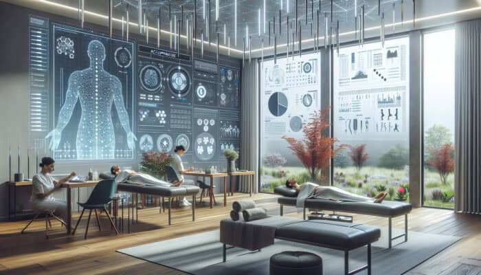 A serene clinic room in the UK where patients are receiving acupuncture, surrounded by modern technology and natural elements, symbolising holistic health and well-being.