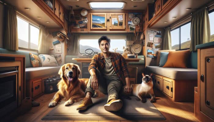 A welcoming RV interior featuring a person, dog, and cat relaxing together, adorned with personal touches and travel keepsakes.
