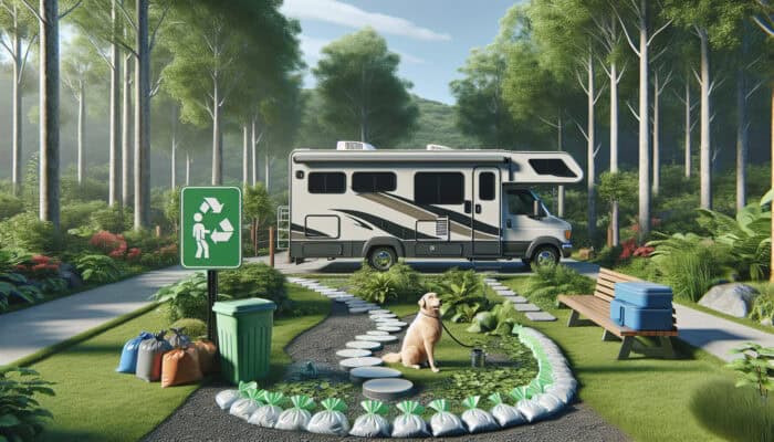 An RV at a campsite, where the owner is using biodegradable bags to clean up after their dog, disposing of them into a portable container amidst greenery.
