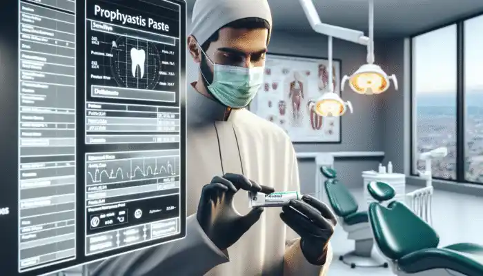 A UK dentist selects prophylaxis paste, considering patient sensitivity, stains, fluoride, flavor, and allergies in a modern office.