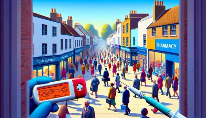 A busy Bletchley street with people entering a pharmacy and GP surgery for cholesterol testing.