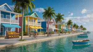 A row of vibrant houses lines a waterfront street in Corozal Town, Belize. Individuals ride bicycles along the footpath, small boats float on clear waters, and fruit vendors are present on the left—ideal for those seeking affordable living.