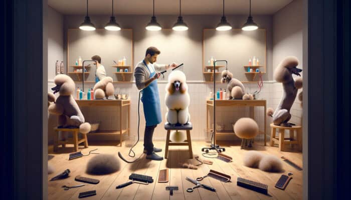 A poodle with a curly coat groomed with a slicker brush and another with a corded coat using a wide-toothed comb in a bright salon.