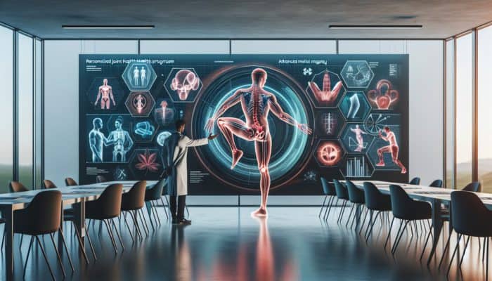 Person receiving a personalised joint health programme from a healthcare professional in a modern clinic.