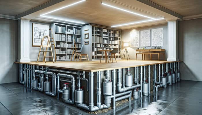 Modern basement with efficient drainage system: water flows through pipes and sump pumps, keeping the area dry and ready for use.