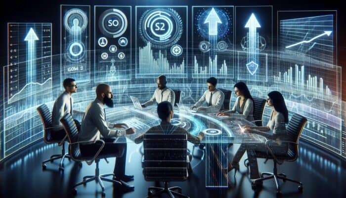 Best Practices for SEO Forecasting: Futuristic digital dashboard showing rising SEO graphs, predictive analytics, and a diverse team analysing holographic trends.