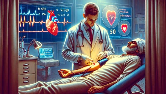 Cholesterol Blood Test In Swansea: In a bustling NHS clinic in Swansea, a doctor draws blood for a cholesterol test, surrounded by heart health posters and declining stats screens.