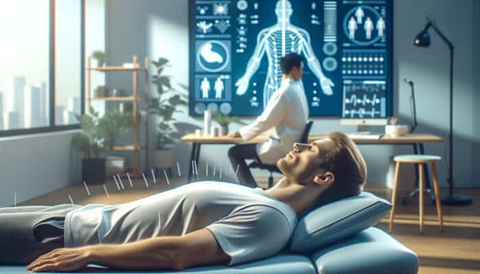 Acupuncture for Workout Recovery: A person receiving acupuncture in a modern UK fitness studio for holistic recovery.