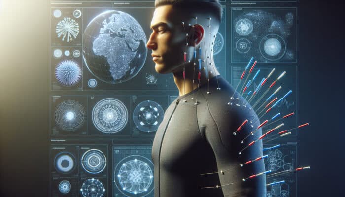 A modern UK athlete undergoing electroacupuncture for muscle recovery, part of a holistic wellness programme.