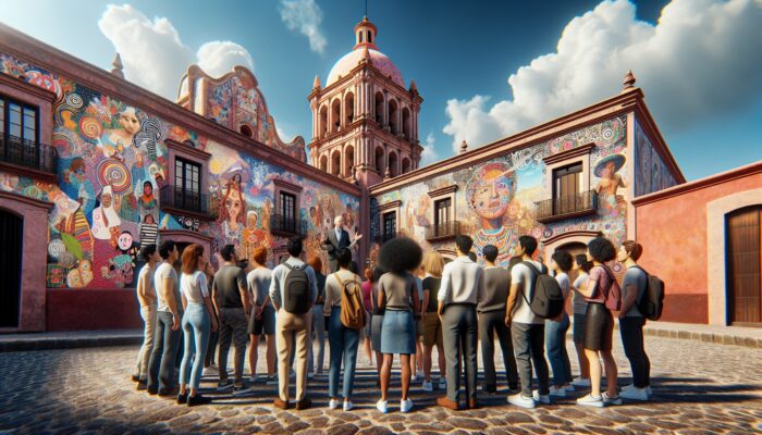 Vibrant murals on historic buildings in San Miguel de Allende, tourists listening to a guide.