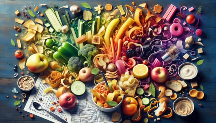 Vibrant kitchen scene featuring food scraps transformed into appetising upcycled dishes.