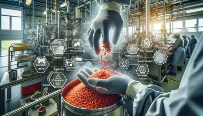 Polythene Gauntlet Gloves in Braintree: A close-up of high-density polythene gauntlet gloves in a busy Braintree food processing facility, showing flexibility and chemical resistance as a worker handles ingredients safely.