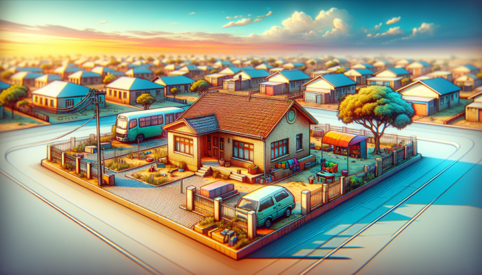 Modest single-storey brick home in Mahikeng with tiled roof and small front yard, near school, bus stop, and shops under bright sky.