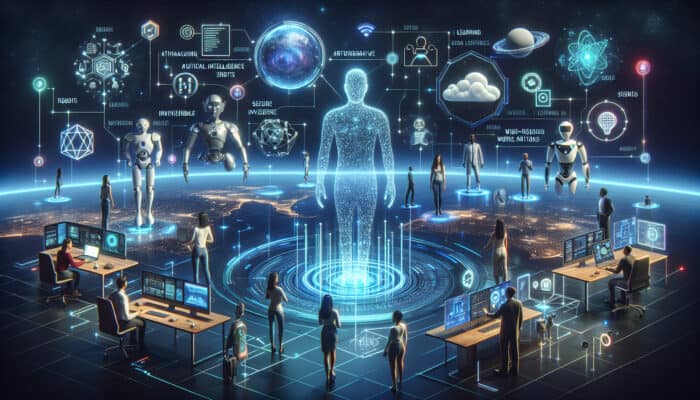 Diverse team evolving with AI robots in a digital landscape, featuring holographic data streams, secure shields, and a starry tech skyline.