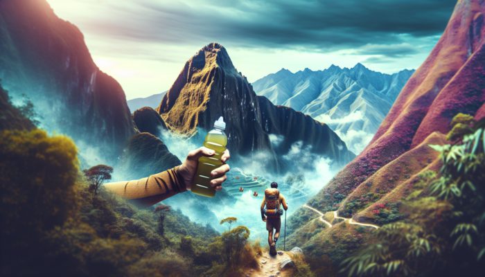Supplements for Hiking Stamina: Determined hiker on Peru's Inca Trail holds electrolyte drink and green tea extract, with misty Andean mountains and lush forests in the background.