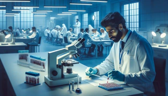 Understanding testosterone testing differences for men and women: A scientist in a white coat examines blood samples in a modern NHS lab, with charts and patients discussing testosterone results.