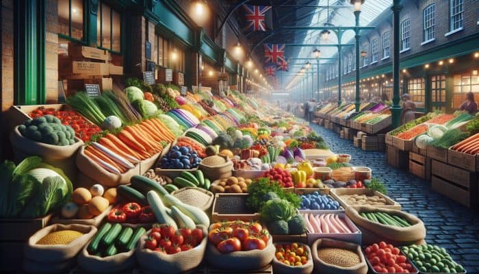 How to Lower Liver Enzymes Naturally?: A vibrant UK farmers' market with fresh seasonal vegetables, whole grains, and lean proteins on wooden stalls, contrasted by tempting processed foods in the background.