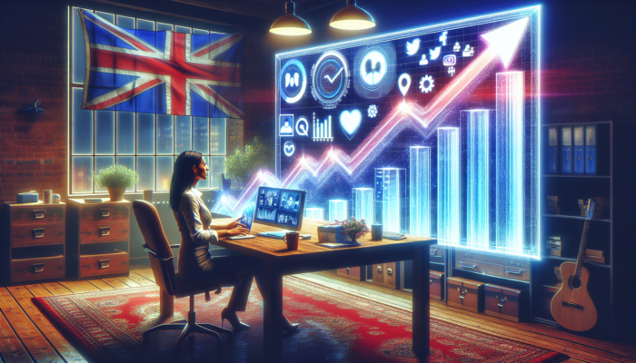 A small business owner in a bustling Verwood office analyzes rising social media graphs, surrounded by UK flags and icons.