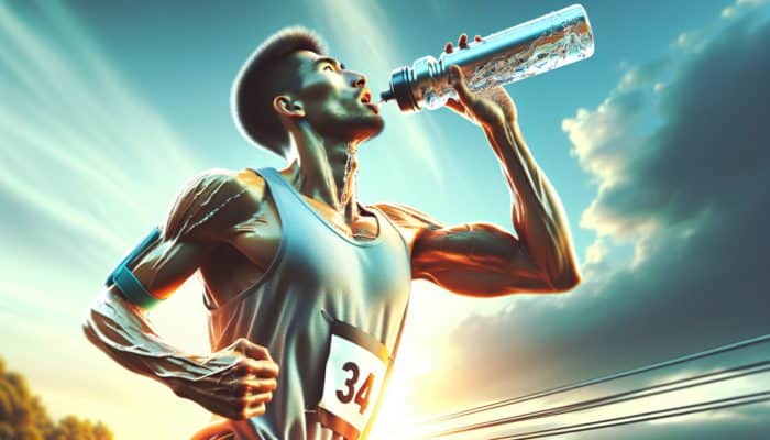 A marathon runner in mid-stride pauses to sip from a water bottle, sweat glistening on their determined face under a sunny sky.